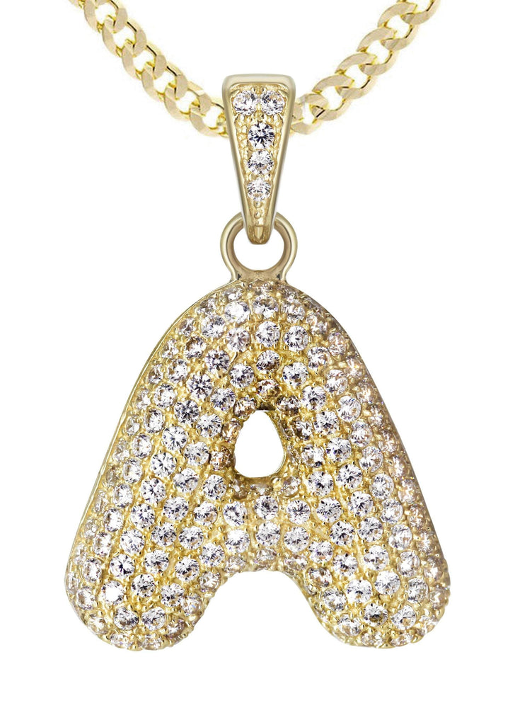 10K Yellow Gold Cuban Chain & Bubble Letter "A" Cz Pendant | Appx. 13.9 Grams chain & pendant FrostNYC 