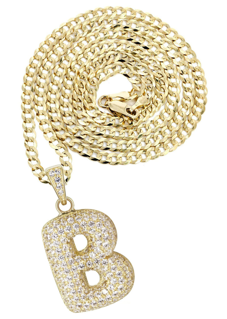 10K Yellow Gold Cuban Chain & Bubble Letter "B" Cz Pendant | Appx. 13.8 Grams chain & pendant FrostNYC 