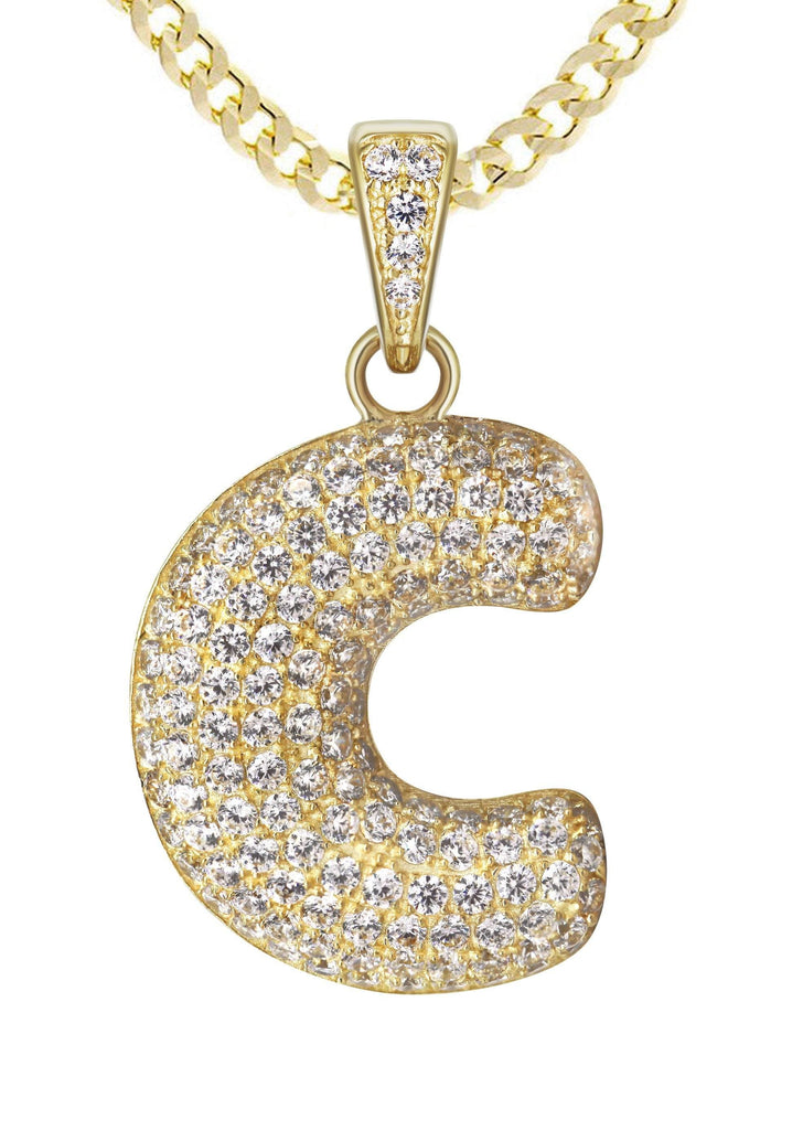 10K Yellow Gold Cuban Chain & Bubble Letter "C" Cz Pendant | Appx. 13.1 Grams chain & pendant FrostNYC 