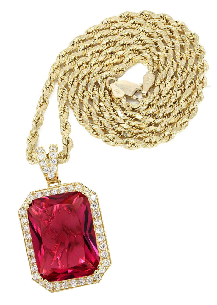 10K Yellow Gold Rope Chain & Cz Ruby Pendant | Appx. 22 Grams chain & pendant FROST NYC 