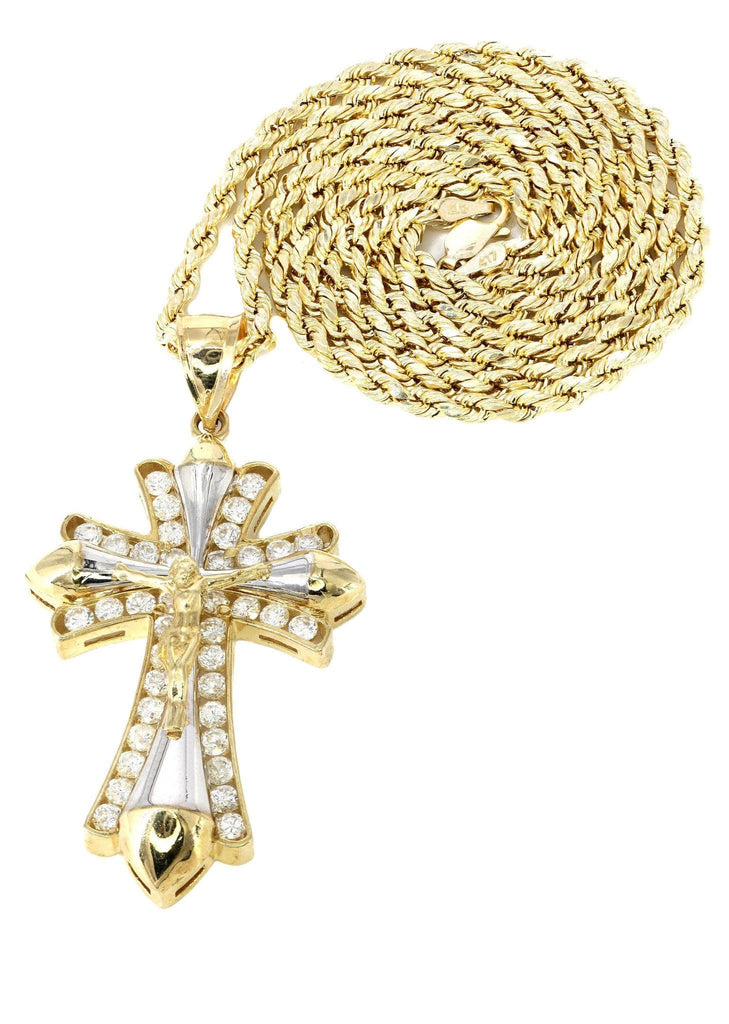 10K Yellow Gold Rope Chain & Cz Gold Cross Necklace | Appx. 19 Grams chain & pendant FROST NYC 