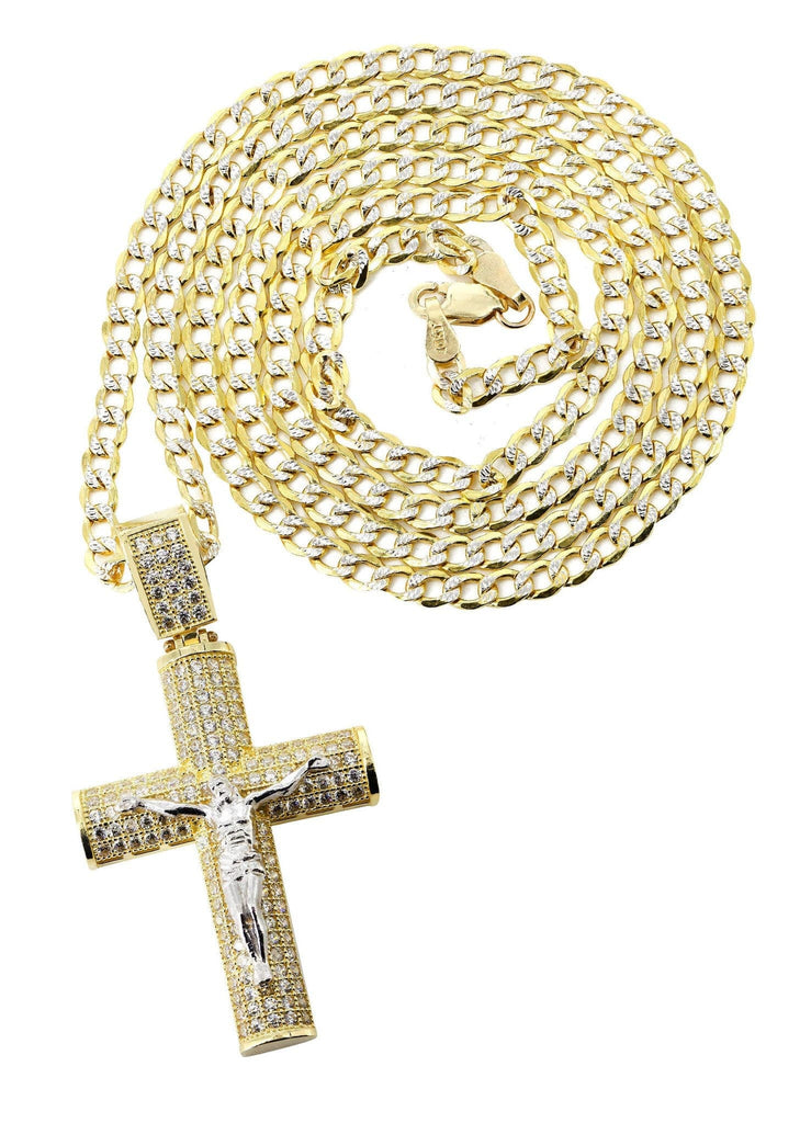 10K Yellow Gold Pave Cuban Chain & Cz Gold Cross Necklace | Appx. 10.4 Grams chain & pendant FROST NYC 