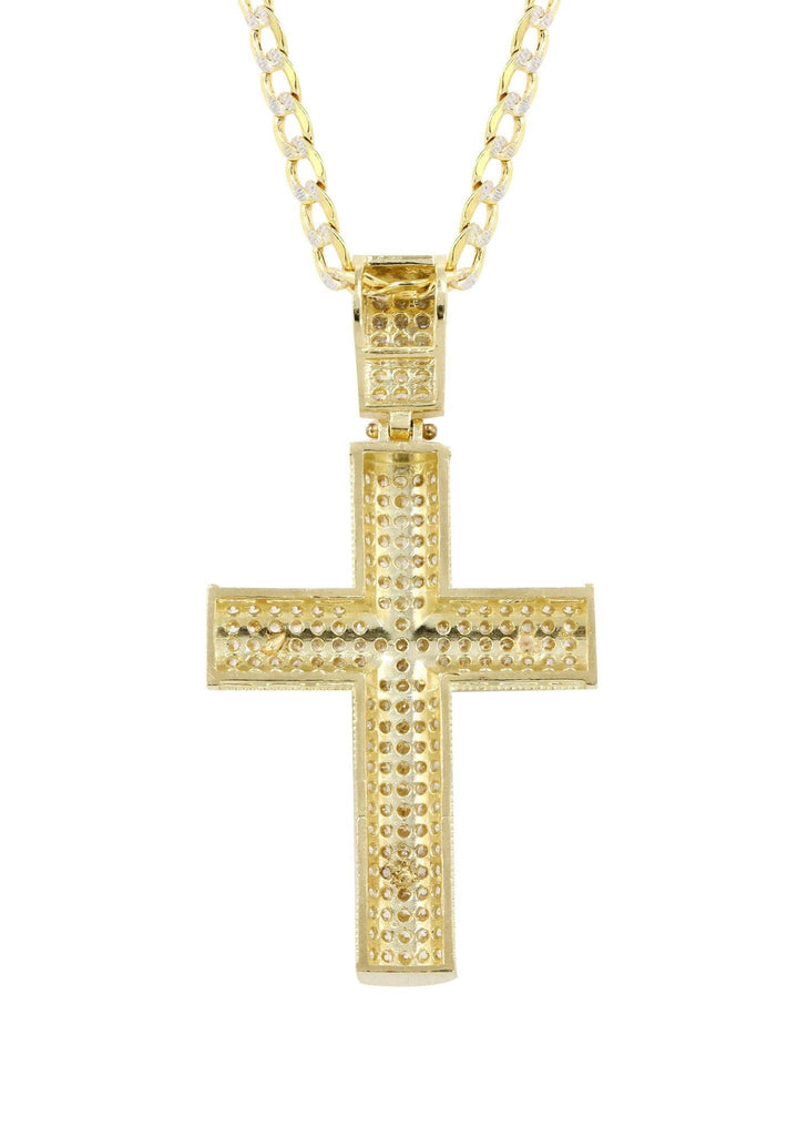 10K Yellow Gold Pave Cuban Chain & Cz Gold Cross Necklace | Appx. 10.4 Grams chain & pendant FROST NYC 