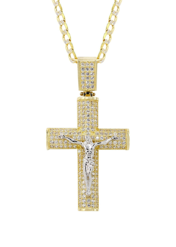 10K Yellow Gold Pave Cuban Chain & Cz Gold Cross Necklace | Appx. 10.4 Grams chain & pendant FROST NYC 