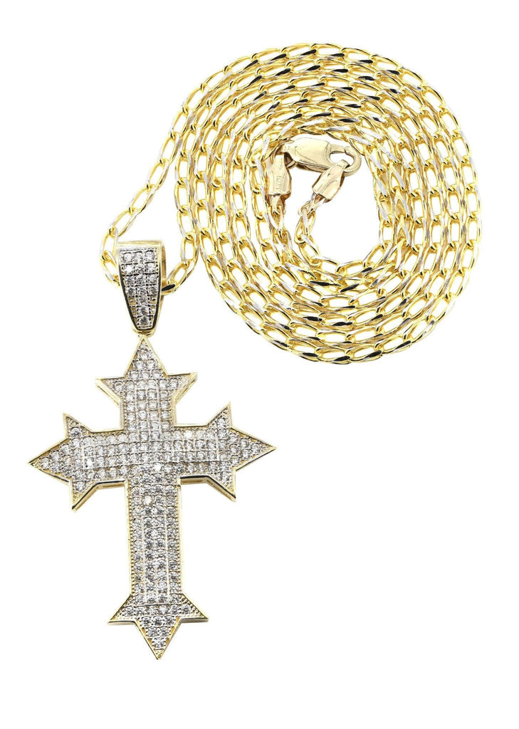 10K Yellow Gold Fancy Link Chain & Cz Gold Cross Necklace | Appx. 13.5 Grams chain & pendant FROST NYC 