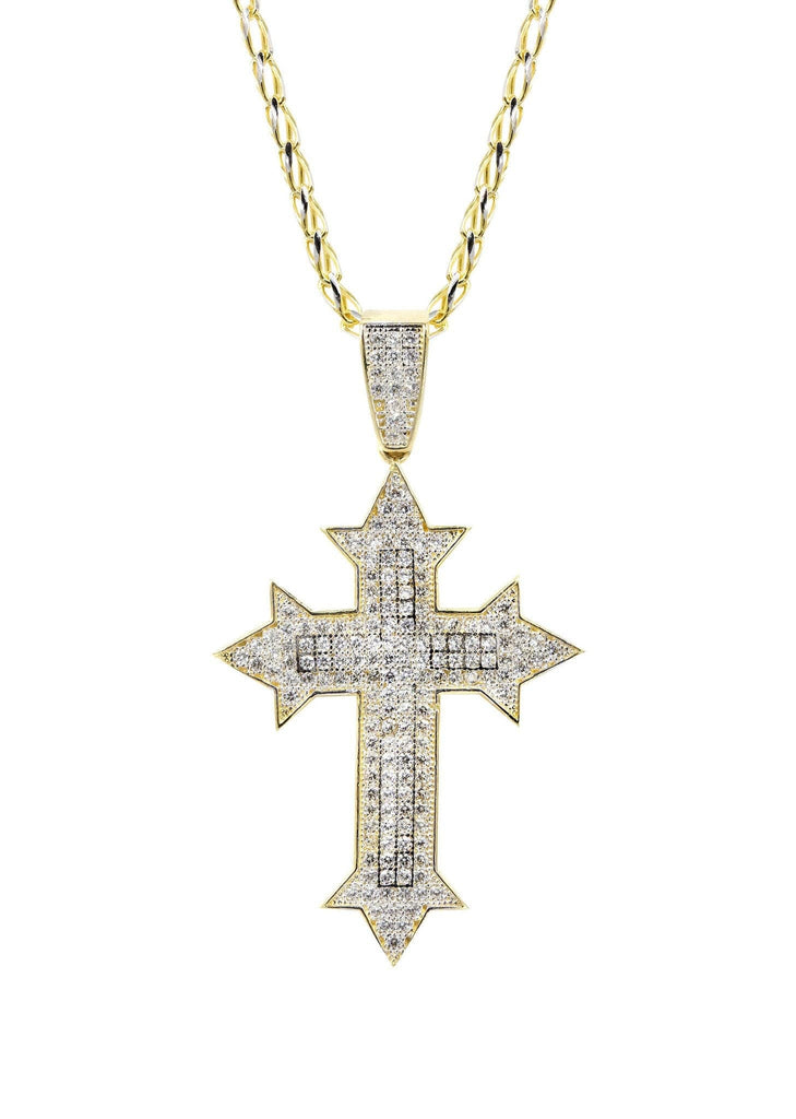 10K Yellow Gold Fancy Link Chain & Cz Gold Cross Necklace | Appx. 13.5 Grams chain & pendant FROST NYC 