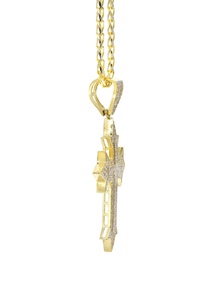 10K Yellow Gold Fancy Link Chain & Cz Gold Cross Necklace | Appx. 13.5 Grams chain & pendant FROST NYC 