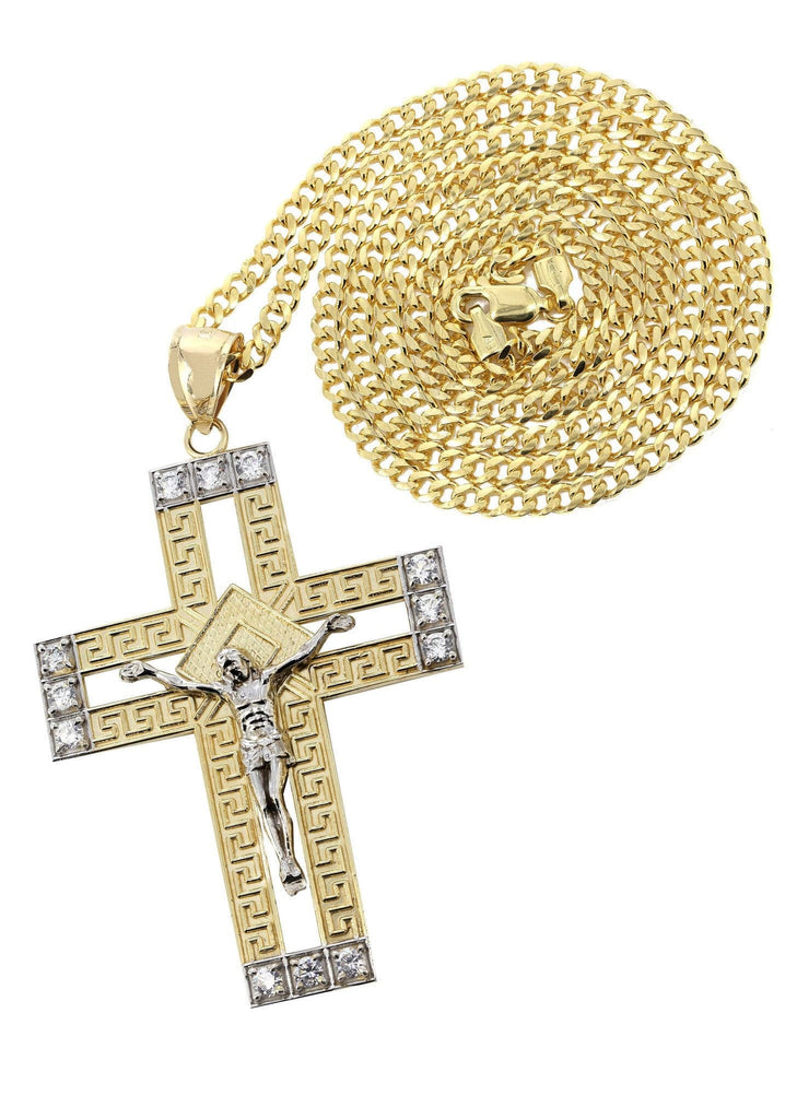 10K Yellow Gold Cuban Chain & Cz Gold Cross Necklace | Appx. 20.8 Grams chain & pendant FrostNYC 