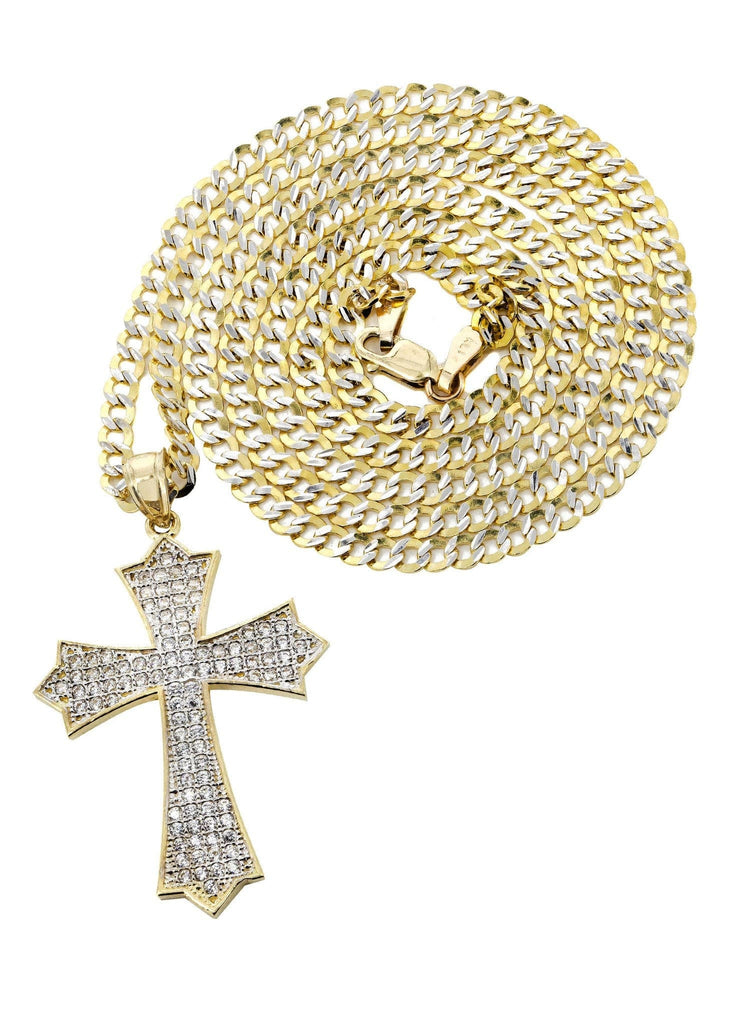 10K Yellow Gold Pave Cuban Chain & Cz Gold Cross Necklace | Appx. 9.4 Grams chain & pendant FROST NYC 