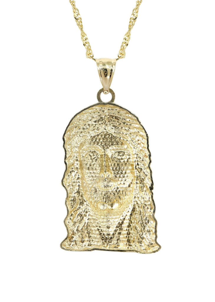 10K Yellow Gold Fancy Link Chain & Jesus Piece Chain | Appx. 6.4 Grams chain & pendant FROST NYC 