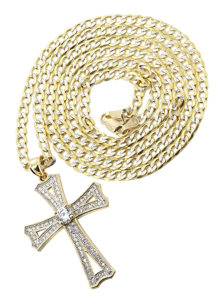 10K Yellow Gold Pave Cuban Chain & Cz Gold Cross Necklace | Appx. 8.9 Grams chain & pendant FROST NYC 