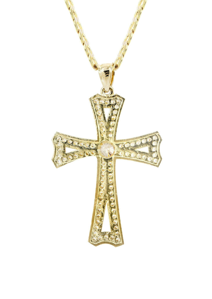 10K Yellow Gold Pave Cuban Chain & Cz Gold Cross Necklace | Appx. 8.9 Grams chain & pendant FROST NYC 