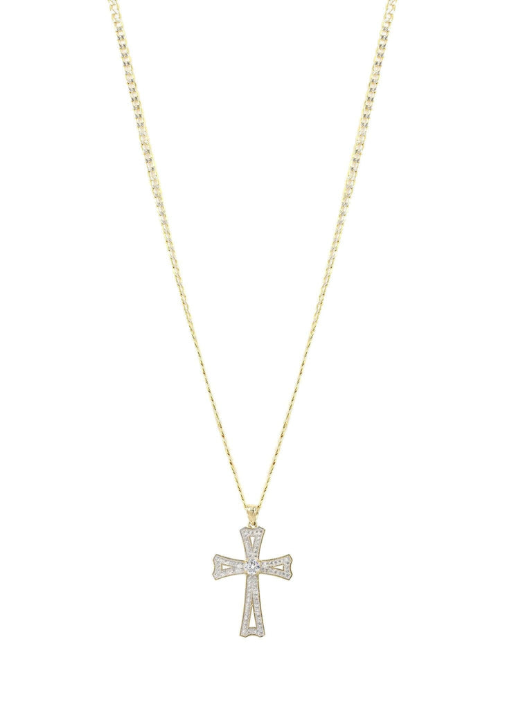 10K Yellow Gold Pave Cuban Chain & Cz Gold Cross Necklace | Appx. 8.9 Grams chain & pendant FROST NYC 