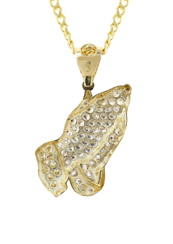 10K Yellow Gold Cuban Chain & Cz Praying Hands Pendant | Appx. 24.5 Grams chain & pendant FROST NYC 