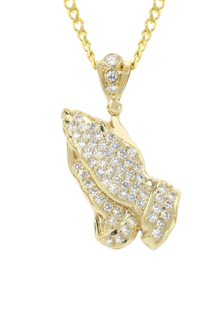 10K Yellow Gold Cuban Chain & Cz Praying Hands Pendant | Appx. 24.5 Grams chain & pendant FROST NYC 