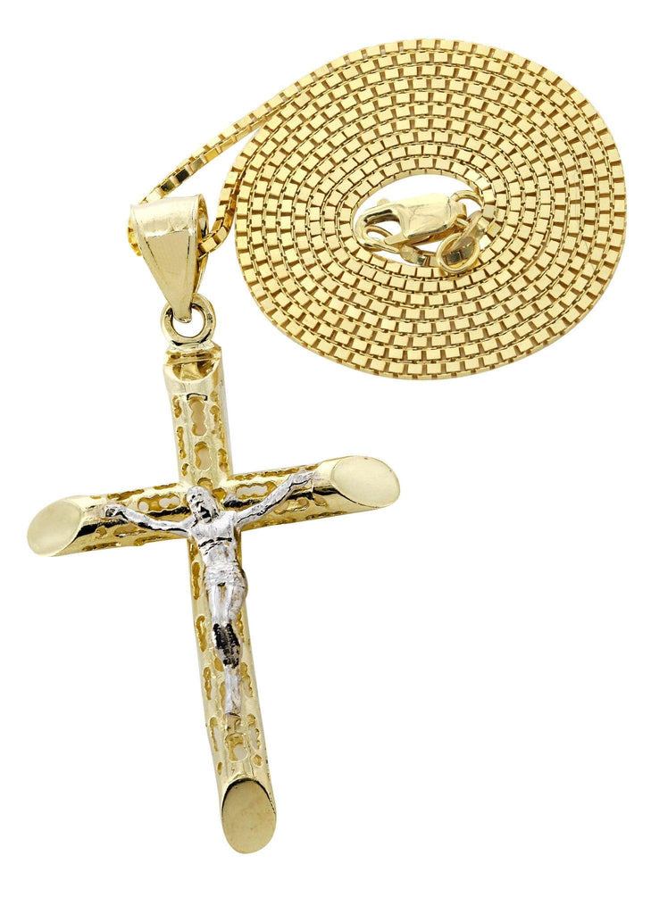 10K Yellow Gold Box Chain & Gold Cross Necklace | Appx. 7.6 Grams chain & pendant FROST NYC 