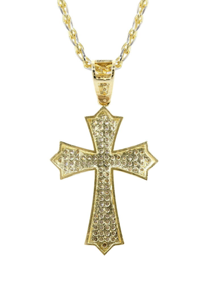 10K Yellow Gold Fancy Link Chain & Cz Gold Cross Necklace | Appx. 12.3 Grams chain & pendant FROST NYC 