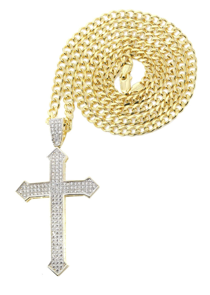 10K Yellow Gold Cuban Chain & Cz Gold Cross Necklace | Appx. 22.2 Grams chain & pendant FROST NYC 