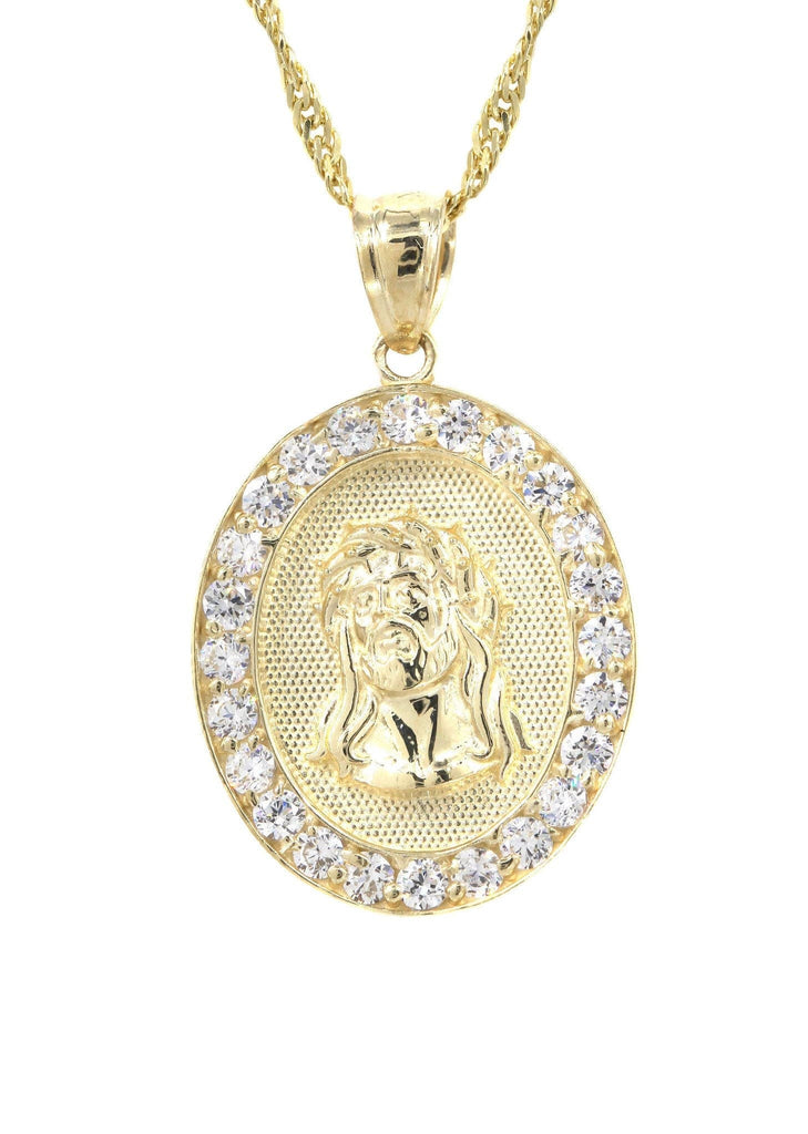 10K Yellow Gold Fancy Link Chain & Cz Jesus Piece Chain | Appx. 5.2 Grams chain & pendant FROST NYC 