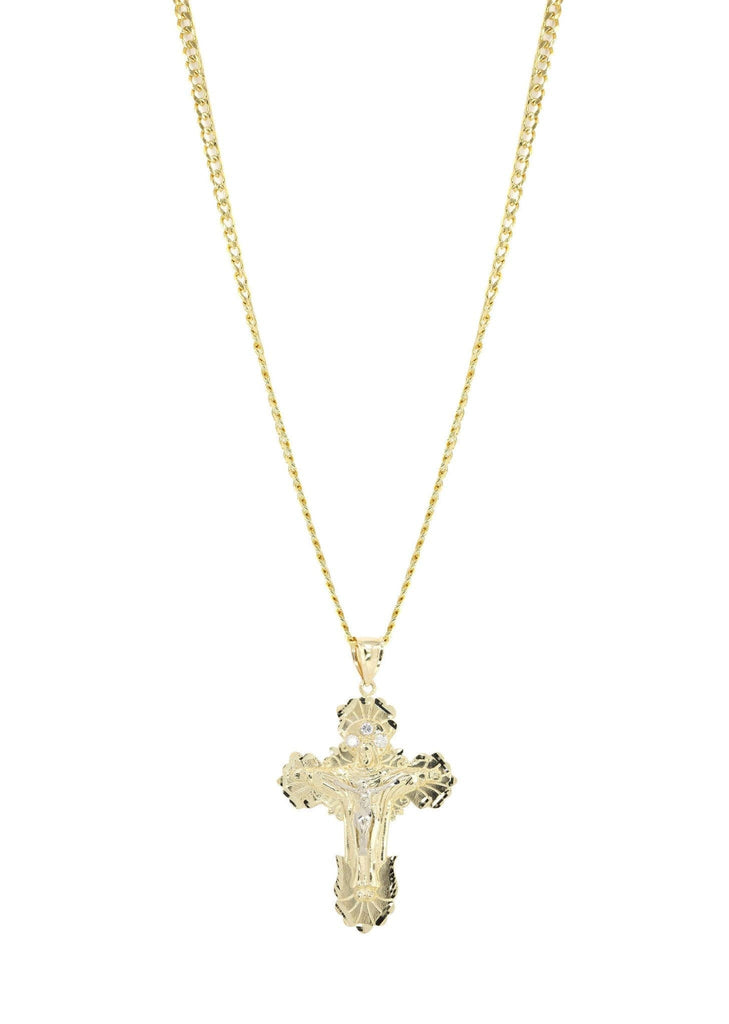 10K Yellow Gold Cuban Chain & Cz Gold Cross Necklace | Appx. 24.6 Grams chain & pendant FROST NYC 