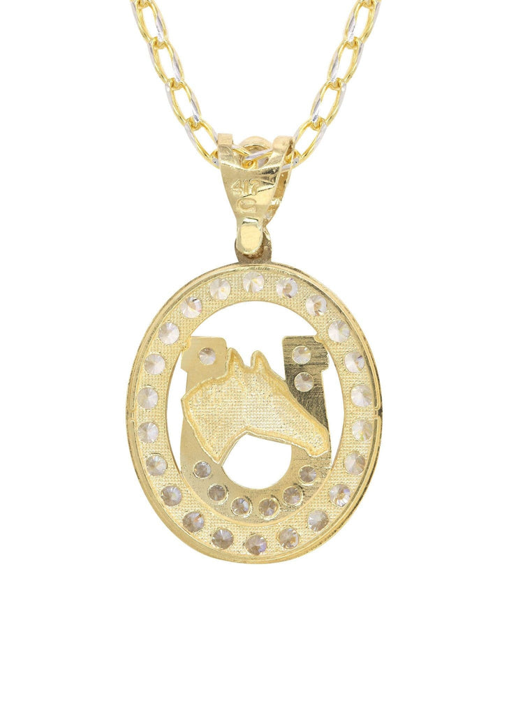 10K Yellow Gold Fancy Link Chain & Cz Horse Shoe | Appx. 12.6 Grams chain & pendant FROST NYC 