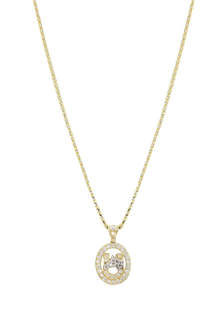 10K Yellow Gold Fancy Link Chain & Cz Horse Shoe | Appx. 12.6 Grams chain & pendant FROST NYC 