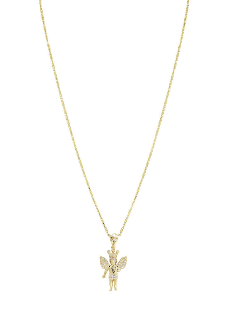 10K Yellow Gold Fancy Link Chain & Cz Angel Necklace| Appx. 10 Grams chain & pendant FROST NYC 