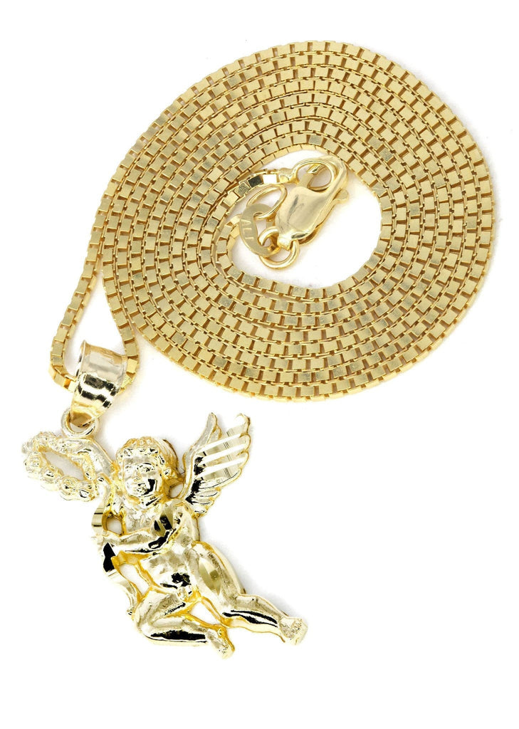 10K Yellow Gold Box Chain & Angel Pendant | Appx. 6.3 Grams chain & pendant FROST NYC 