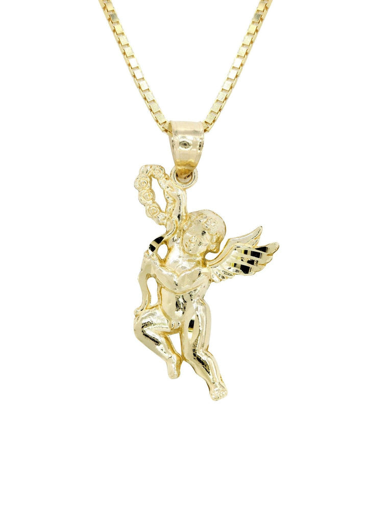 10K Yellow Gold Box Chain & Angel Pendant | Appx. 6.3 Grams chain & pendant FROST NYC 