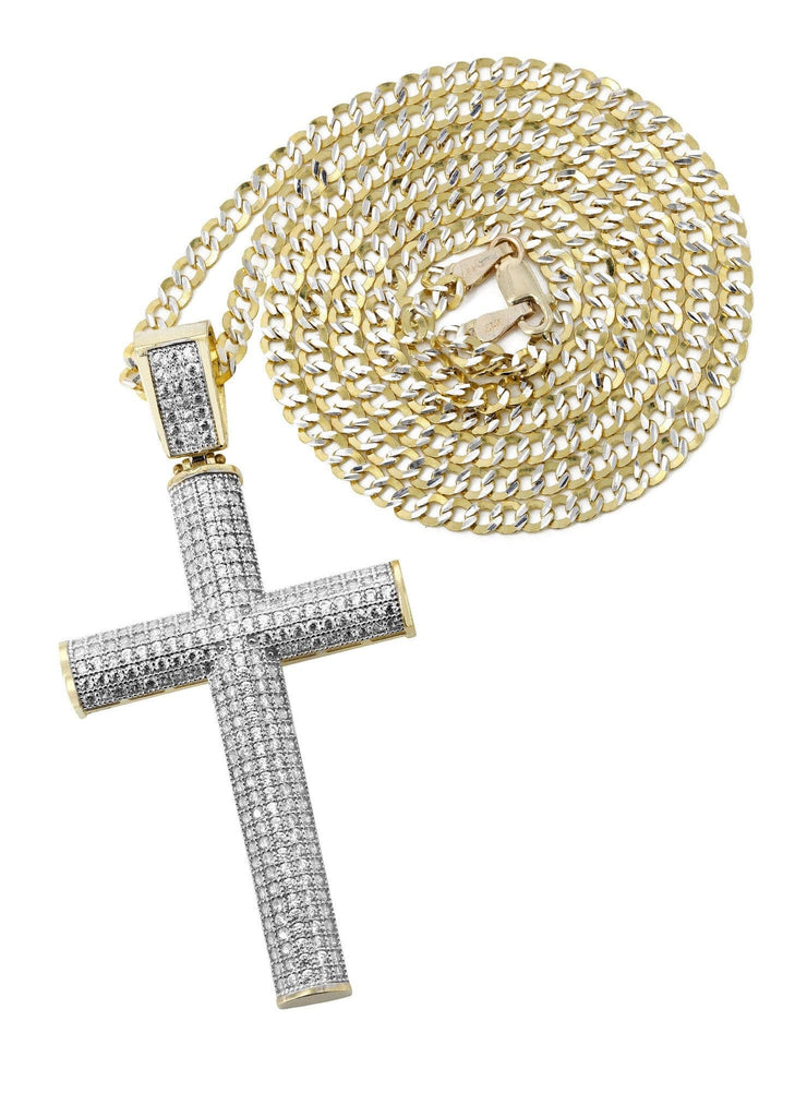 10K Yellow Gold Pave Cuban Chain & Cz Gold Cross Necklace | Appx. 13.1 Grams chain & pendant FROST NYC 