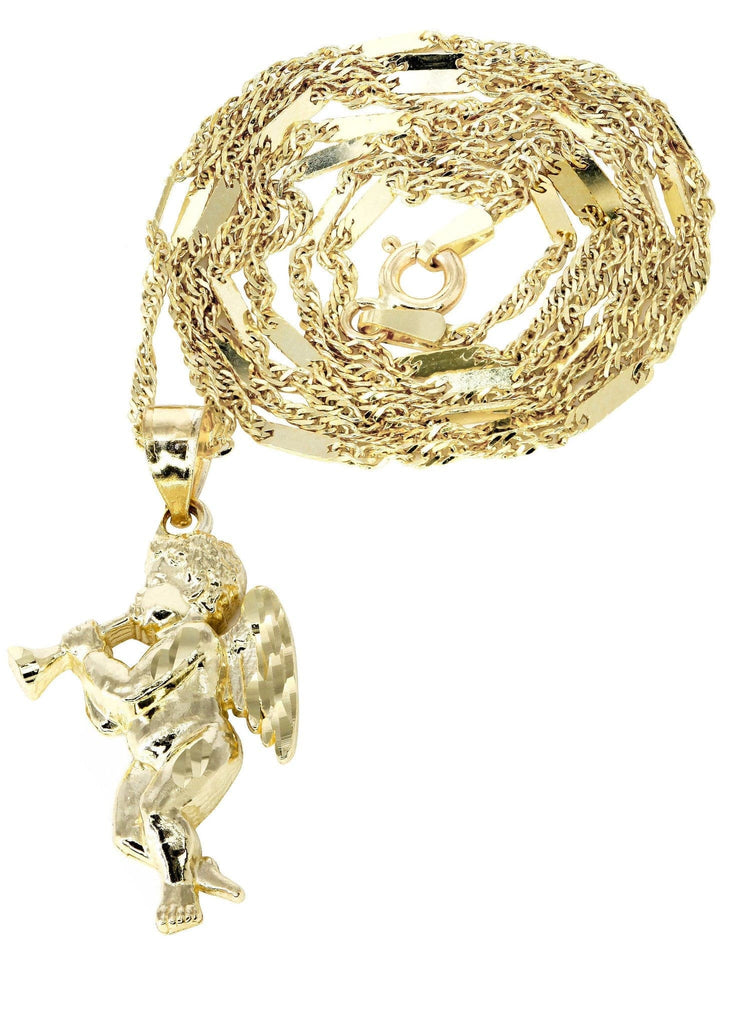 10K Yellow Gold Fancy Link Chain & Angel Pendant | Appx. 4.8 Grams chain & pendant FROST NYC 