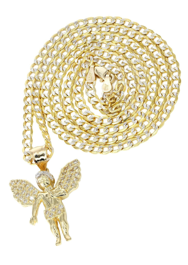 10K Yellow Gold Pave Cuban Chain & Cz Angel Pendant | Appx. 8.5 Grams chain & pendant FROST NYC 