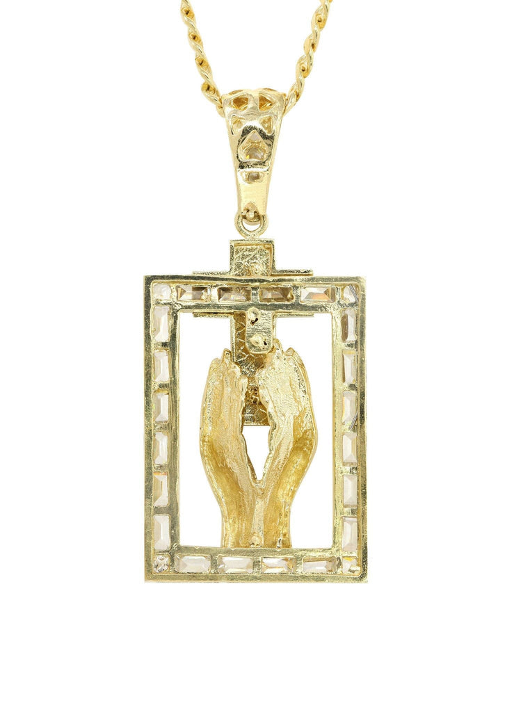 10K Yellow Gold Cuban Chain & Cz Praying Hands Pendnat | Appx. 33 Grams chain & pendant FROST NYC 