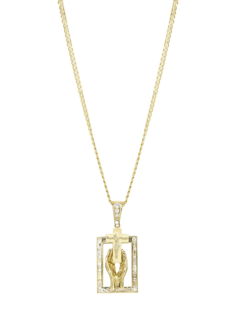 10K Yellow Gold Cuban Chain & Cz Praying Hands Pendnat | Appx. 33 Grams chain & pendant FROST NYC 