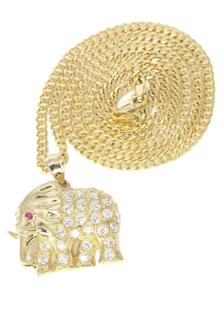 10K Yellow Gold Cuban Chain & Cz Elephant | Appx. 20.1 Grams chain & pendant FROST NYC 