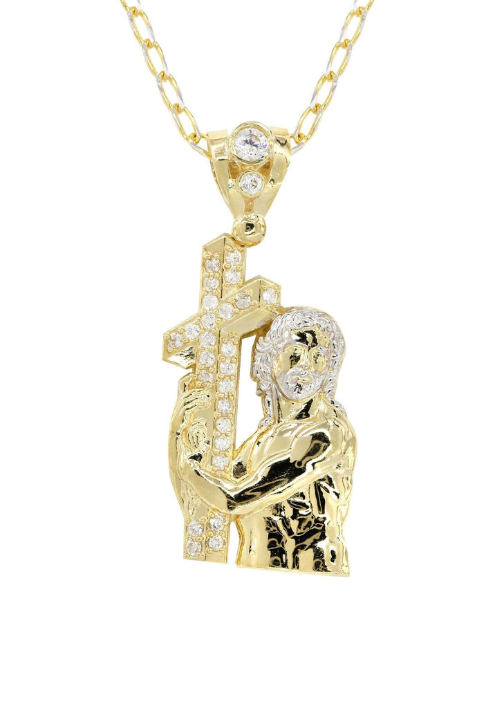 10K Yellow Gold Fancy Link Chain & Cz Jesus Piece Chain | Appx. 14.6 Grams chain & pendant FROST NYC 