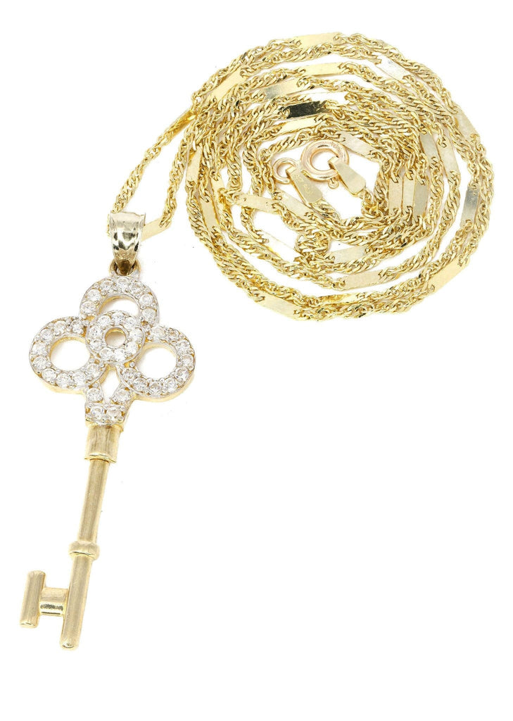 10K Yellow Gold Fancy Link Chain & Cz Key Pendant | Appx. 5.2 Grams chain & pendant FROST NYC 