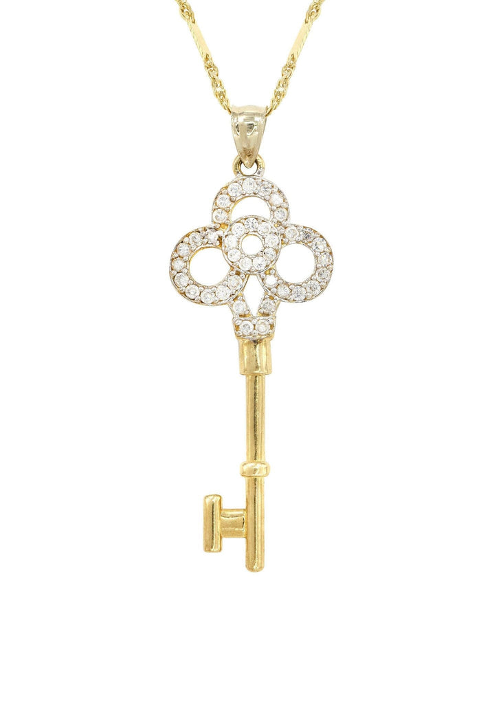 10K Yellow Gold Fancy Link Chain & Cz Key Pendant | Appx. 5.2 Grams chain & pendant FROST NYC 