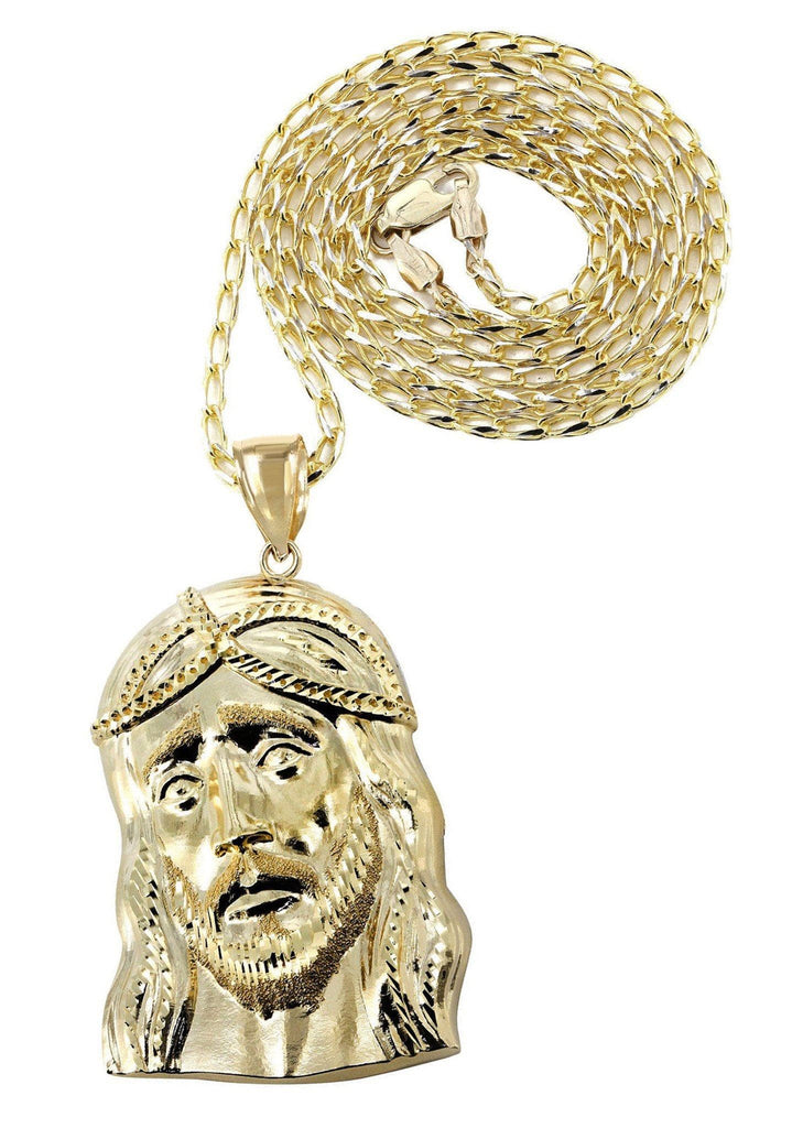 10K Yellow Gold Fancy Link Chain & Jesus Piece Chain | Appx. 15.2 Grams chain & pendant FROST NYC 