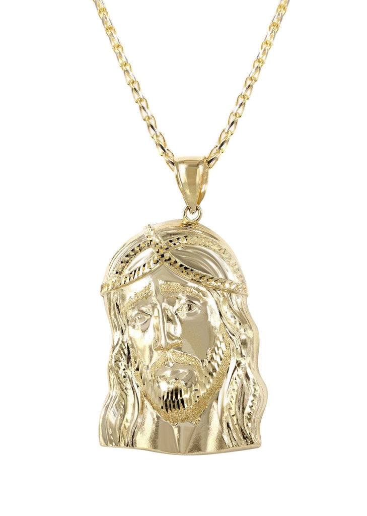 10K Yellow Gold Fancy Link Chain & Jesus Piece Chain | Appx. 15.2 Grams chain & pendant FROST NYC 