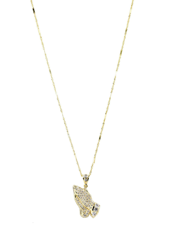 10K Yellow Gold Fancy Link Chain & Cz Praying Hands Pendnat | Appx. 9.1 Grams chain & pendant FROST NYC 