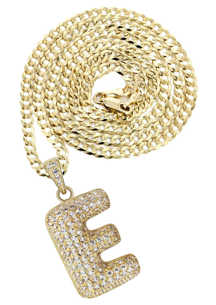 10K Yellow Gold Cuban Chain & Bubble Letter "E" Cz Pendant | Appx. 13.3 Grams chain & pendant FrostNYC 