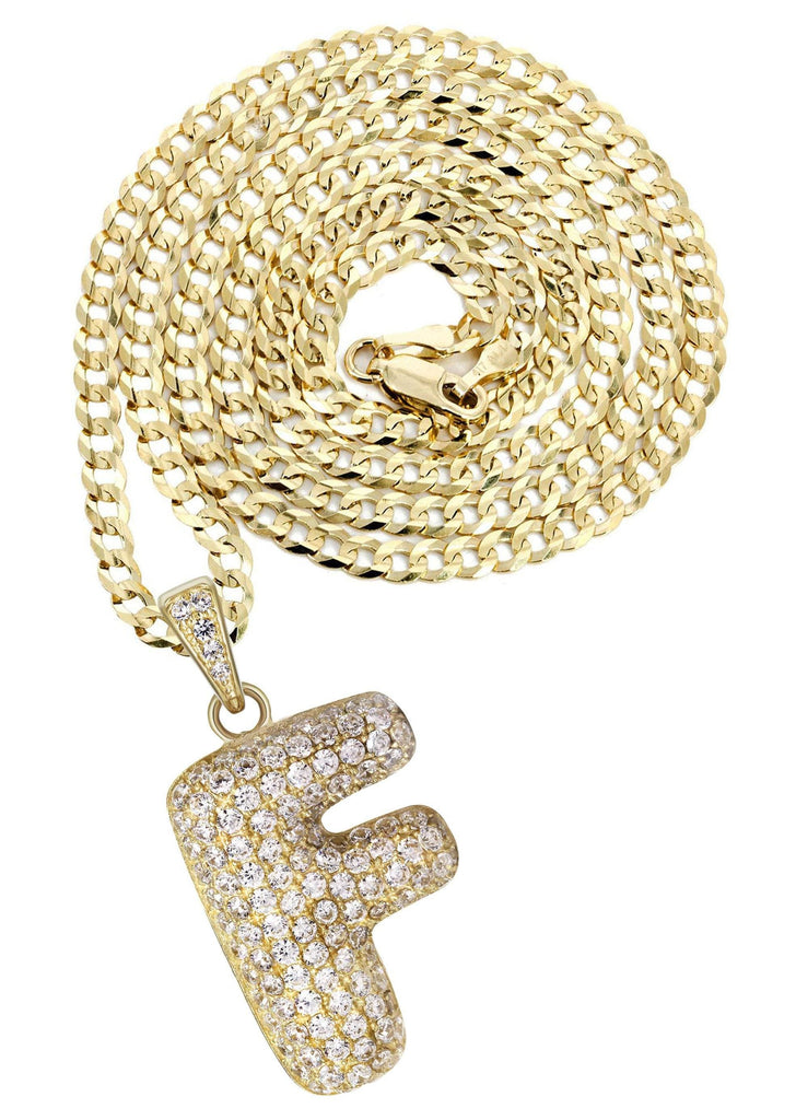 10K Yellow Gold Cuban Chain & Bubble Letter "F" Cz Pendant | Appx. 12.9 Grams chain & pendant FrostNYC 