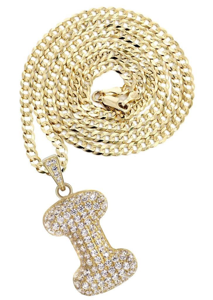 10K Yellow Gold Cuban Chain & Bubble Letter "I" Cz Pendant | Appx. 12.6 Grams chain & pendant FrostNYC 