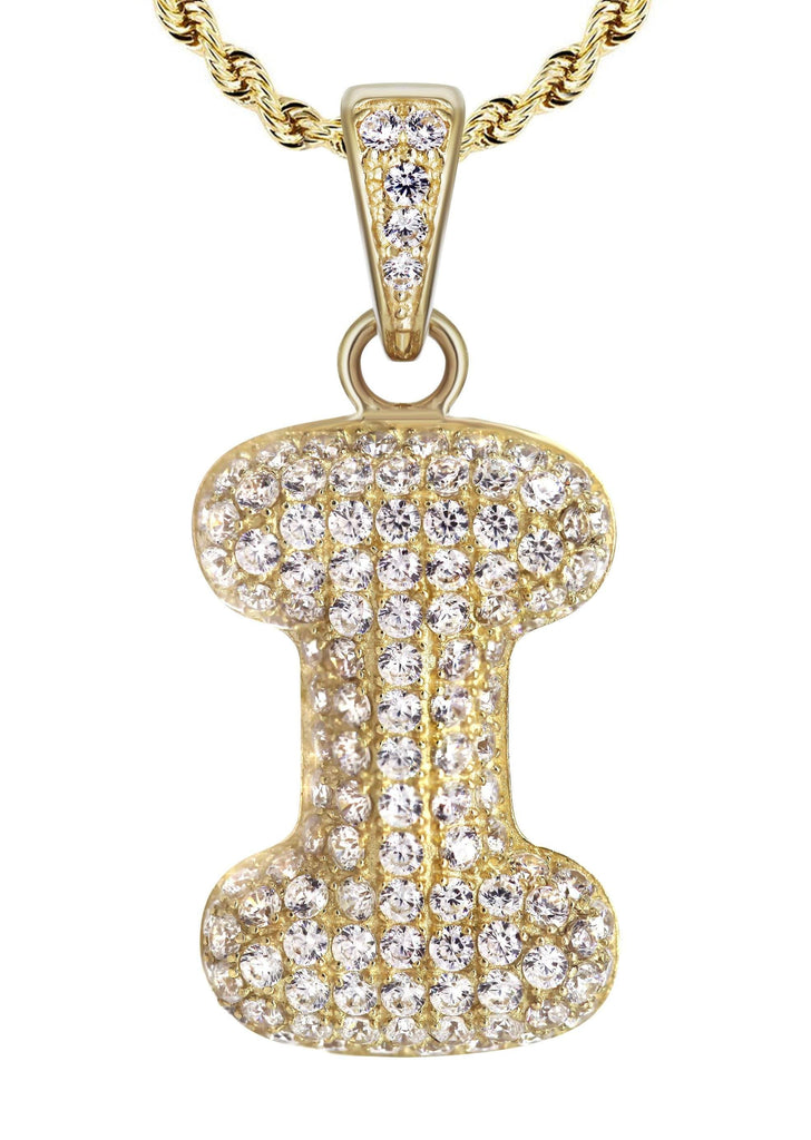 10K Yellow Gold Cuban Chain & Bubble Letter "I" Cz Pendant | Appx. 12.6 Grams chain & pendant FrostNYC 