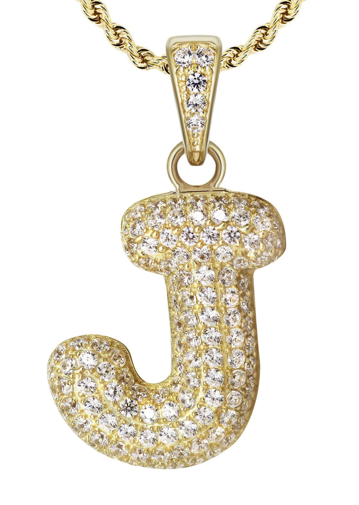 10K Yellow Gold Cuban Chain & Bubble Letter "J" Cz Pendant | Appx. 12.9 Grams chain & pendant FrostNYC 