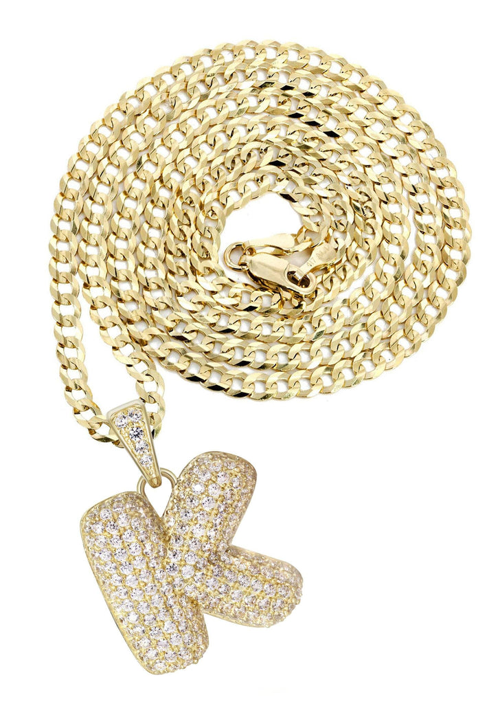 10K Yellow Gold Cuban Chain & Bubble Letter "K" Cz Pendant | Appx. 14.7 Grams chain & pendant FrostNYC 