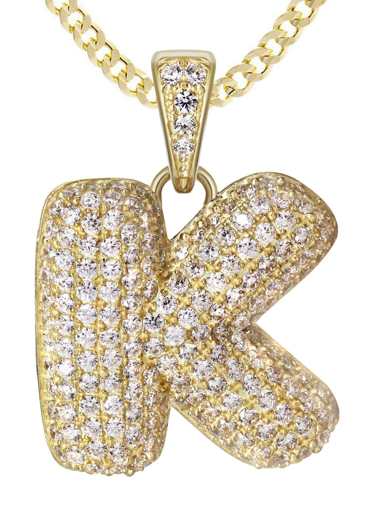 10K Yellow Gold Cuban Chain & Bubble Letter "K" Cz Pendant | Appx. 14.7 Grams chain & pendant FrostNYC 