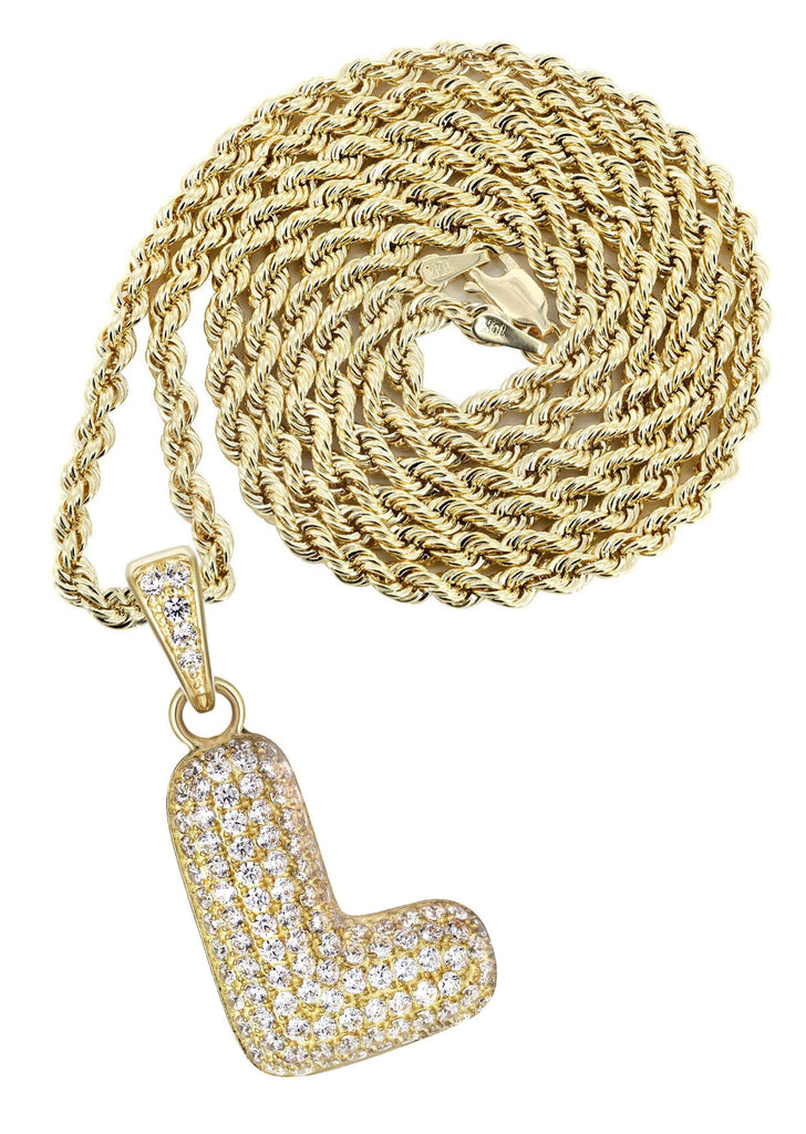 10K Yellow Gold Rope Chain & Bubble Letter "L" Cz Pendant | Appx. 12.8 Grams chain & pendant FrostNYC 