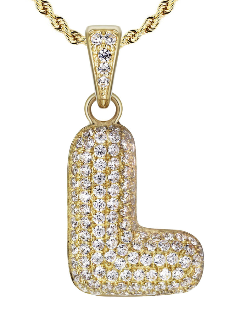 10K Yellow Gold Rope Chain & Bubble Letter "L" Cz Pendant | Appx. 12.8 Grams chain & pendant FrostNYC 